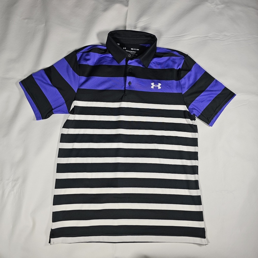 Under Armour Playoff Polo Shirt Men Small Purple Black‎ Striped Golf Polo